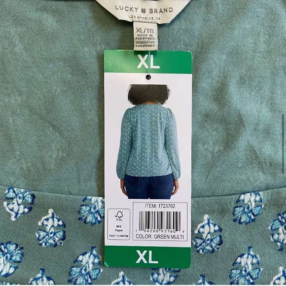Lucky Brand Long Sleeve Top, Square Neck, Green Floral Pattern, Boho XL - Picture 9 of 9